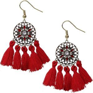 Red Tassel Fringe Drop Earrings